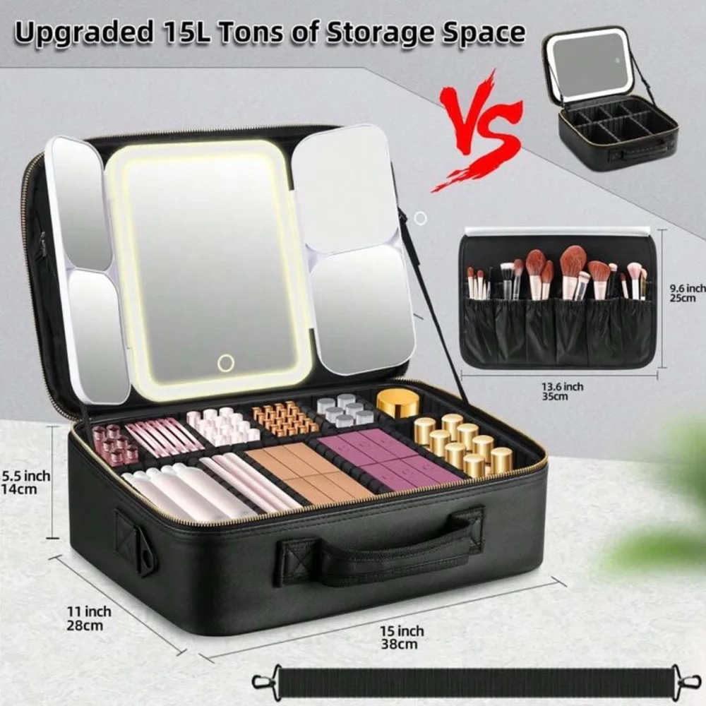 Black Travel Makeup Case with LED Mirror